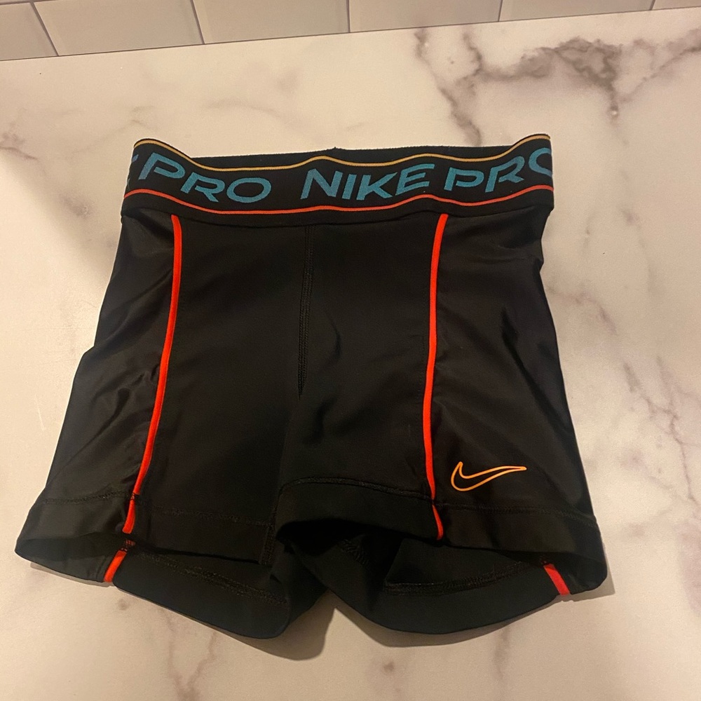 Nike Pro Black Athletic Compression Shorts with Orange Accents